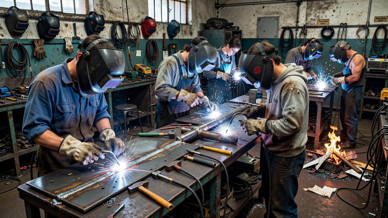 Сварщики практикуются на рабочих местах в учебной мастерской