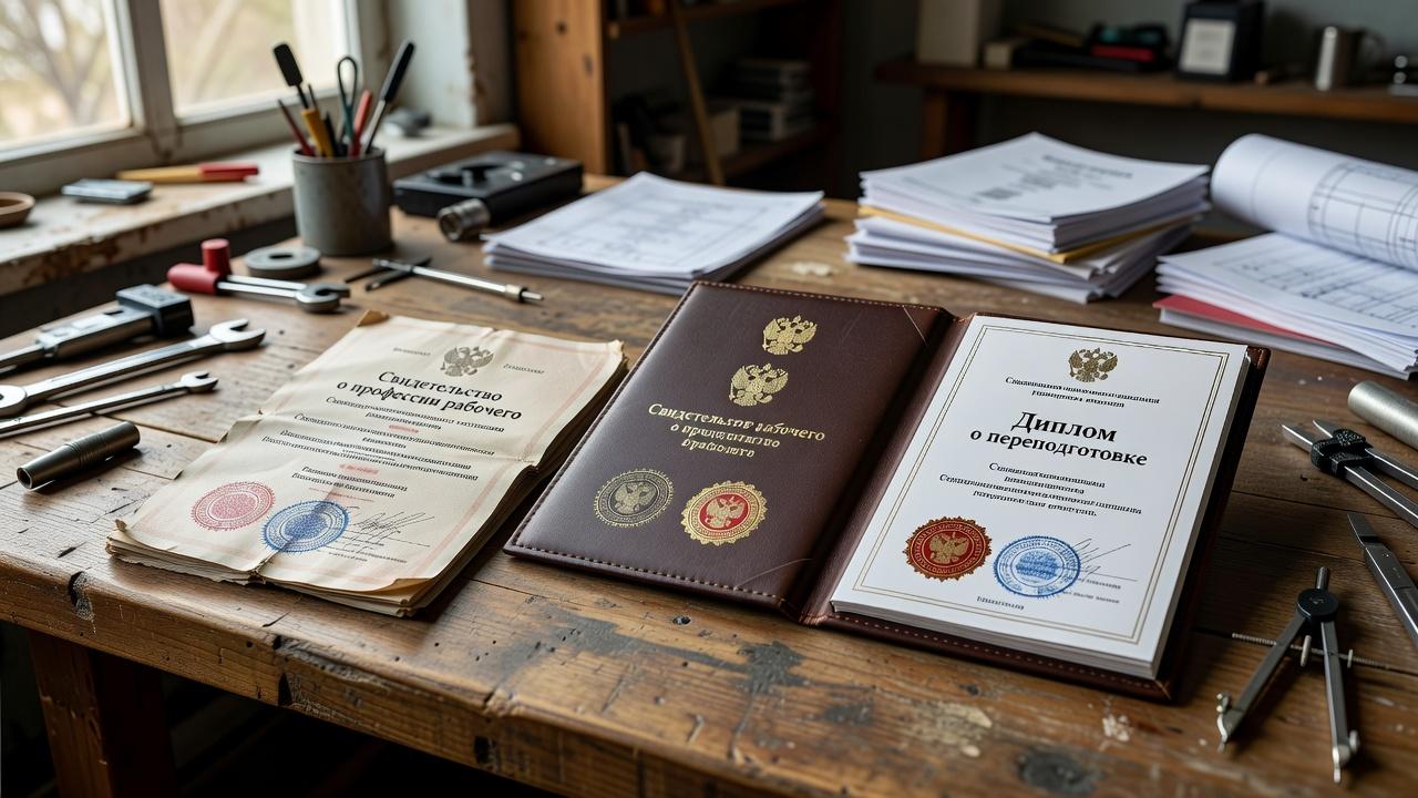 Различные образцы документов об обучении и квалификации на рабочем столе