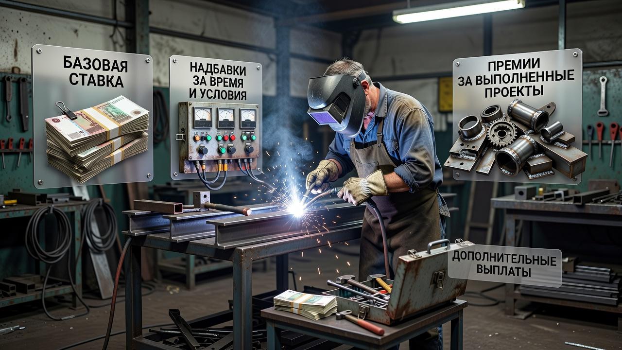 Сварщик у сварочного поста и условные примеры составляющих заработка