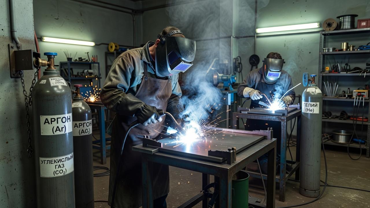 Сварка в среде защитного газа рядом с газовым баллоном