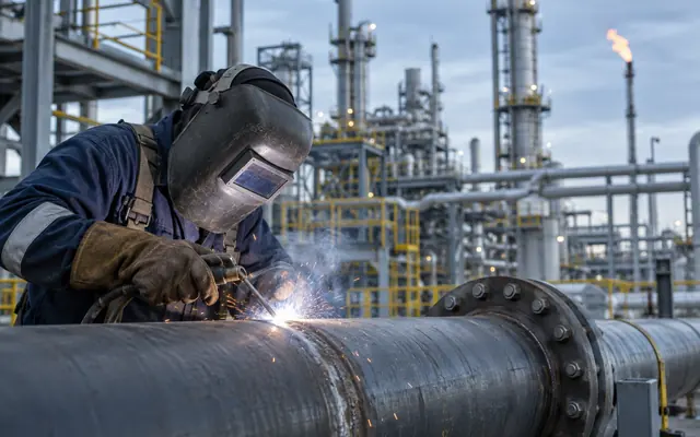 Сварщик выполняет работы на трубопроводе нефтегазового промышленного объекта