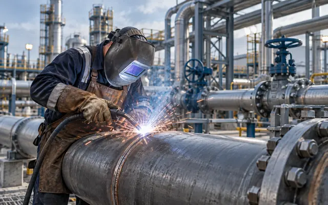 Нефтегазовая инфраструктура Сварщик выполняет работы на трубопроводе нефтегазового промышленного объекта